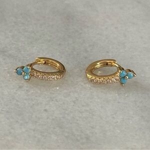 COPY - Gold Turquoise Crystal Flower Huggie Hoop Earrings Brand New